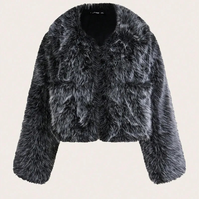 Short-length artificial fur coat with a thick fur collar, shown in one of six available colour options.