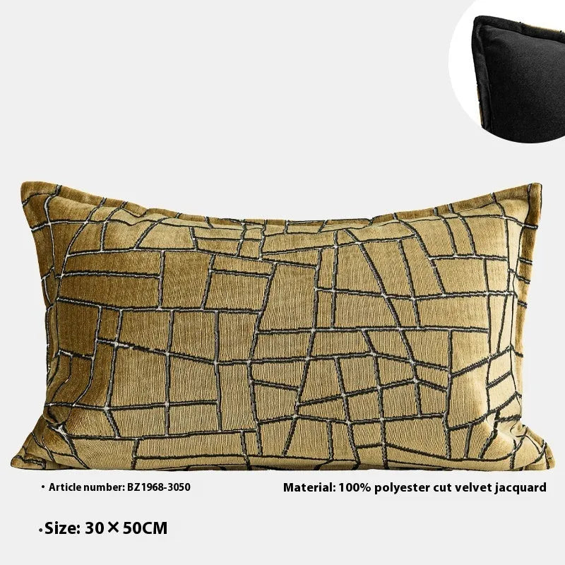 Geometric abstract cushion in Tuhao gold colour with polyester velvet texture, shown in three size options.