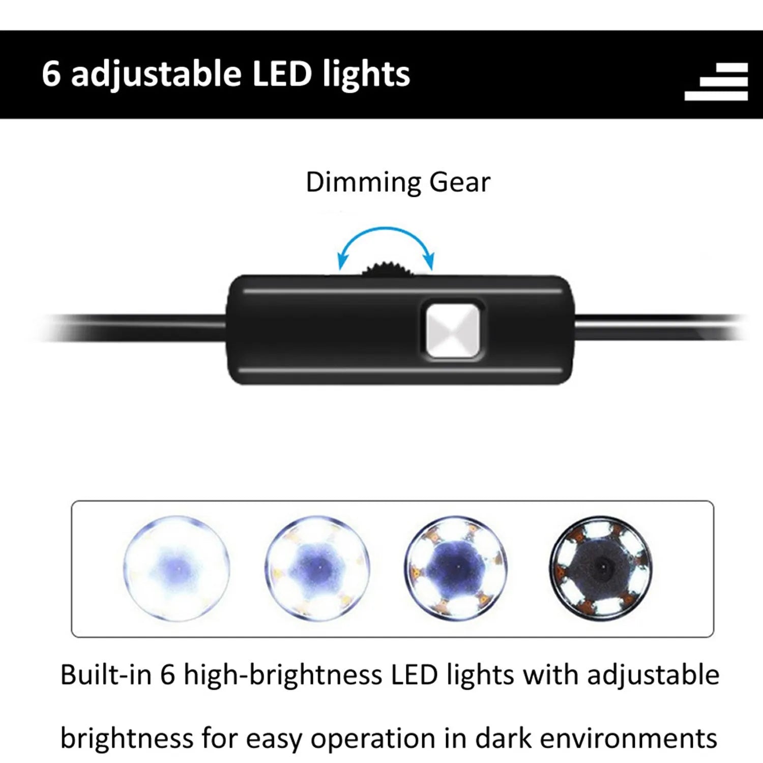Android USB endoscope with waterproof camera, flexible cable, side mirror, hook, and magnet accessories