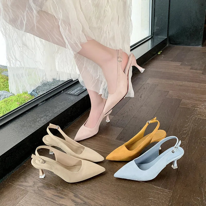 Women's pointed toe stiletto high heels in suede, shown in apricot, pink, sky blue, and yellow colours.