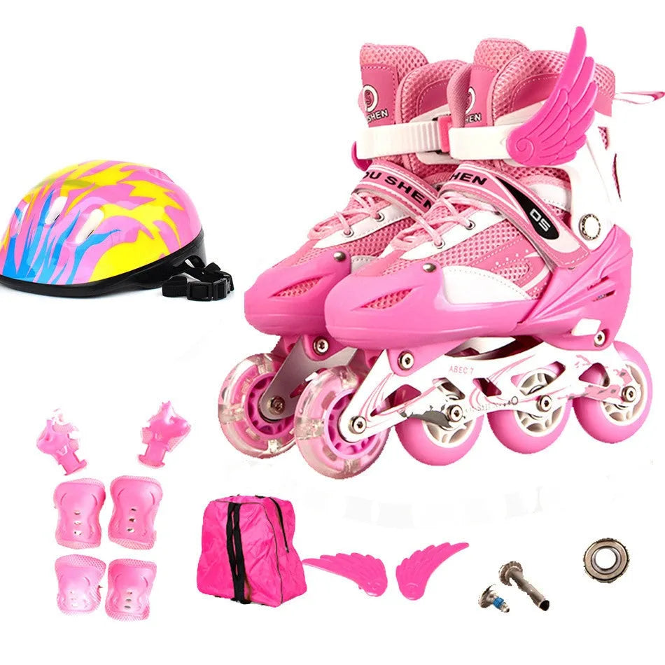 Child's adjustable roller skates in yellow with PU foam wheels, aluminium frame, and full set of protective gear including helmet.