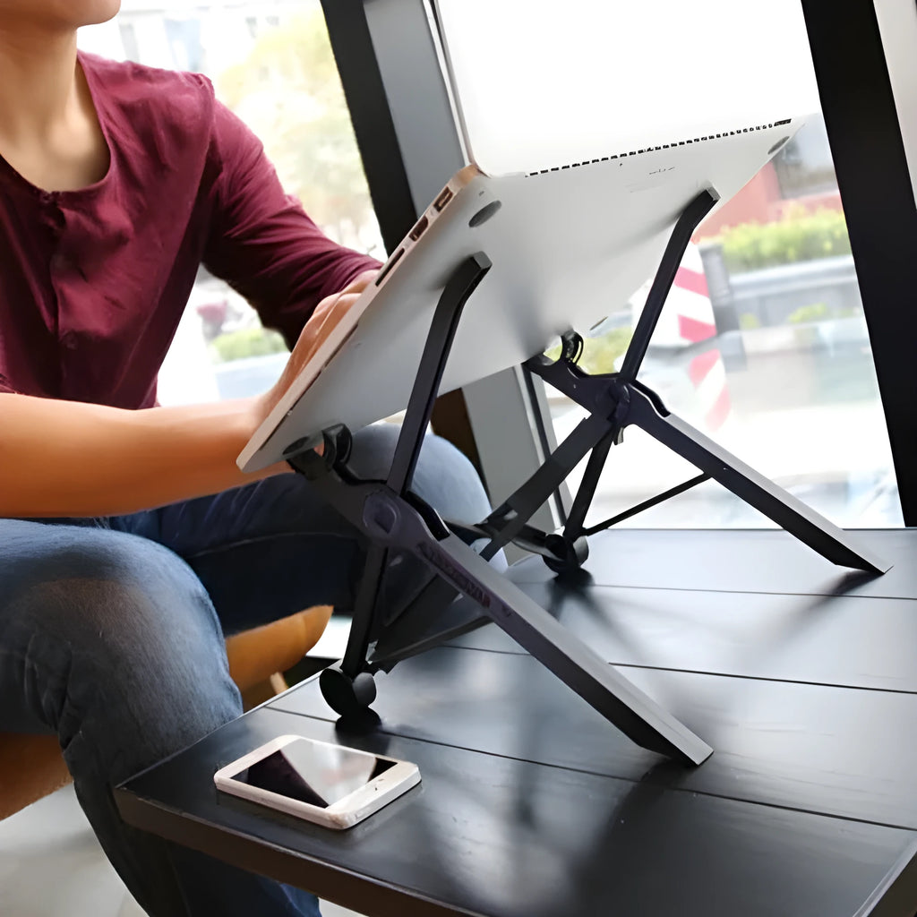 Sagacious black portable folding computer bracket showing enhanced nylon construction and adjustable height mechanism