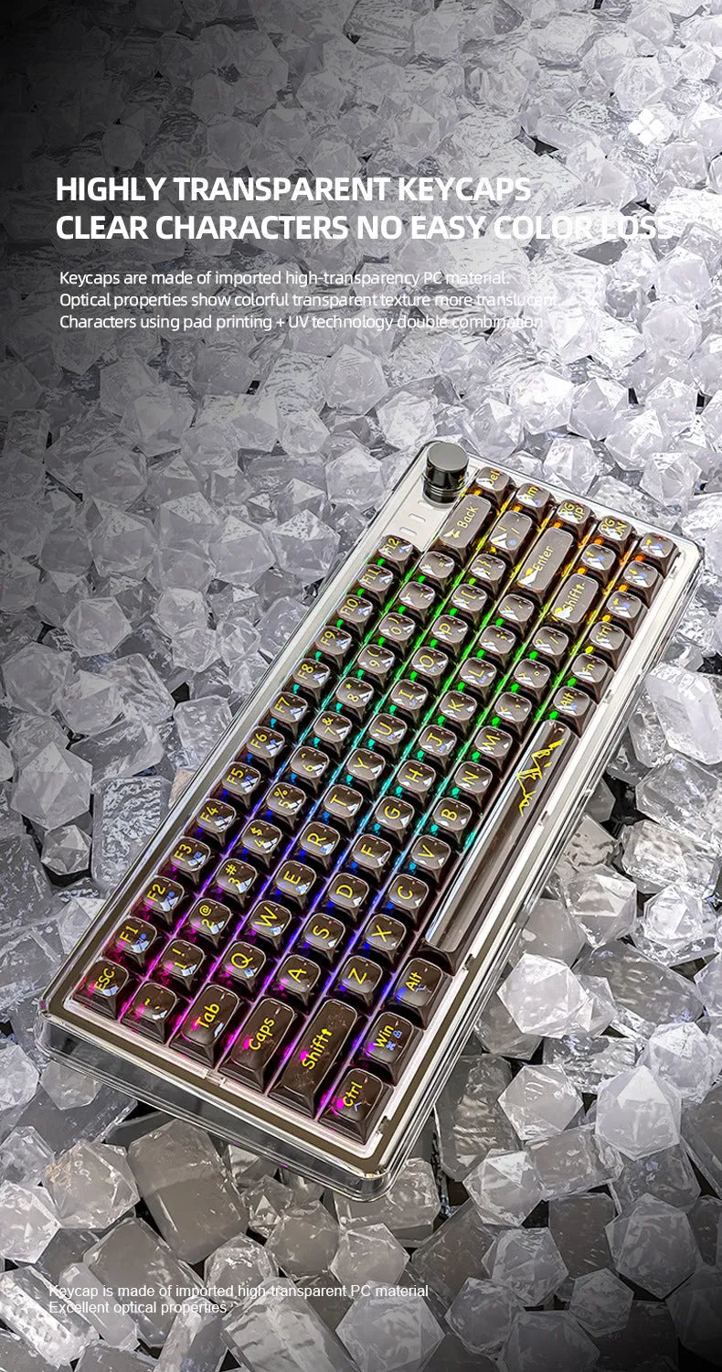 Attack Shark K75RGB wireless mechanical keyboard with transparent black or white PC case and RGB lighting.