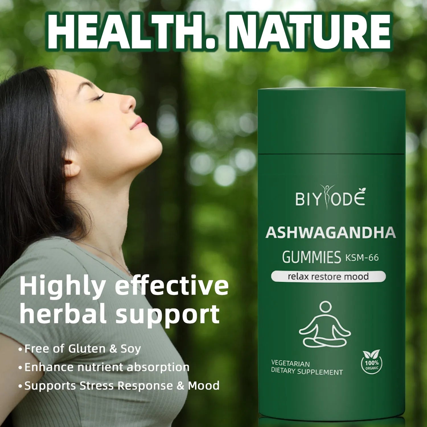 Bottle of ashwagandha gummies for immune support sleep and mood health 60 count natural vegan gluten-free