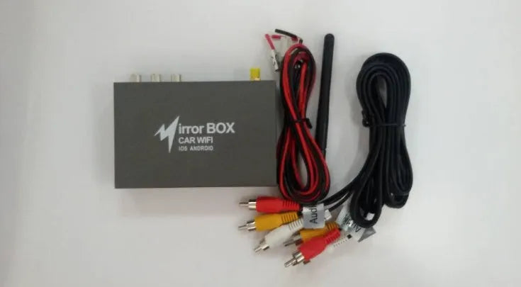 Black car mirror link box converter with cables and antenna for wireless smartphone streaming to car stereo