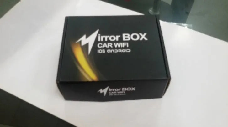 Black car mirror link box converter with cables and antenna for wireless smartphone streaming to car stereo