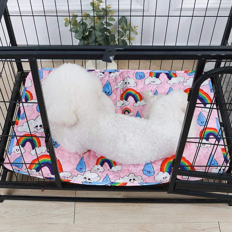 Reusable washable pet urine pad with animal print design and waterproof layer.