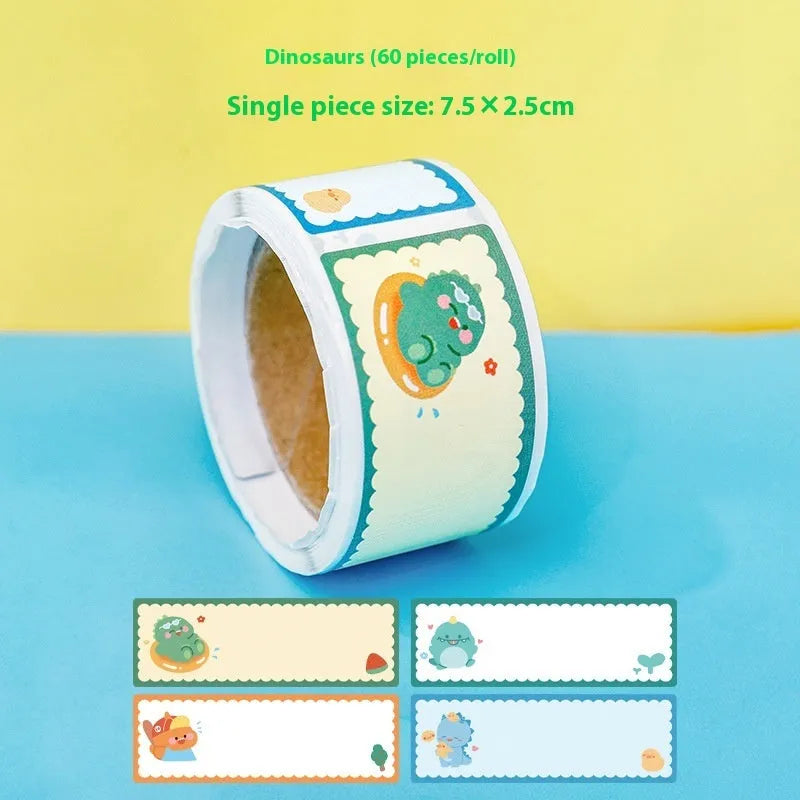 Roll of cartoon adhesive name tape stickers showing Dinosaur, Astronaut, Rabbit, and Girl designs.