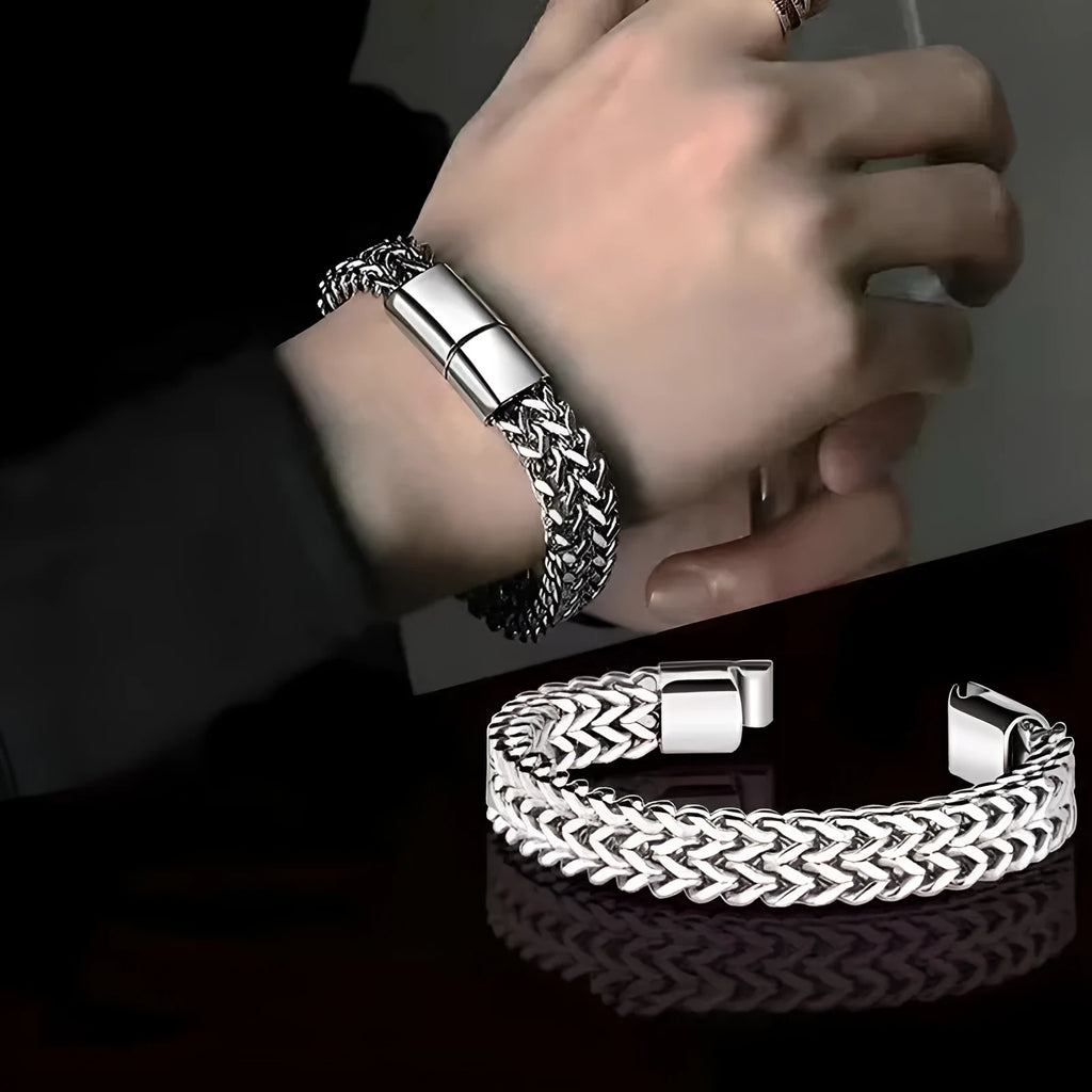 Silver geometric hip hop stainless steel men's bracelet showing 4x8mm and 5x10mm link size options.