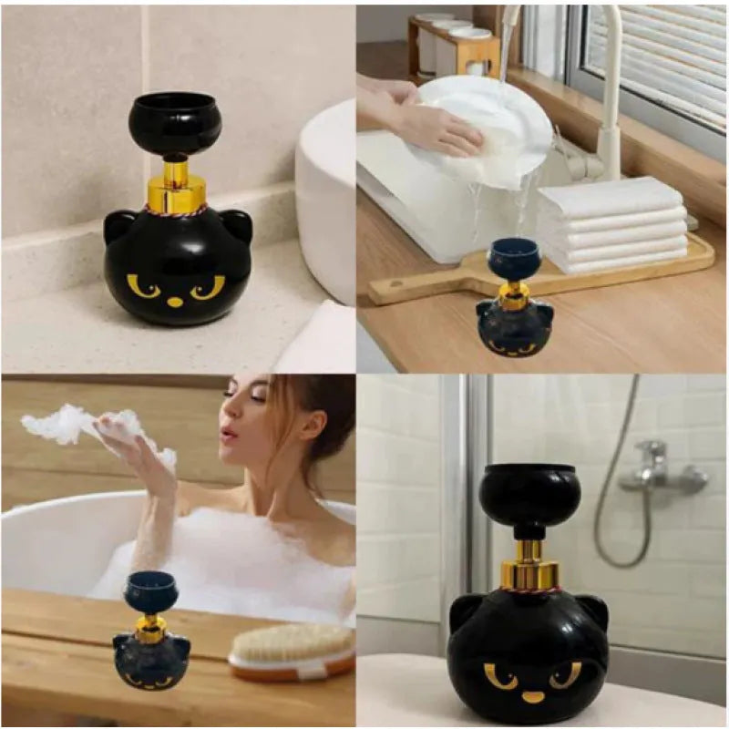 Black cartoon cat-shaped automatic foam soap dispenser on a countertop.
