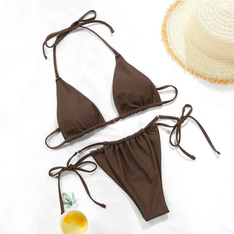 Women's polka dot print split swimsuit bikini in brown dot pattern with matching bra and panties