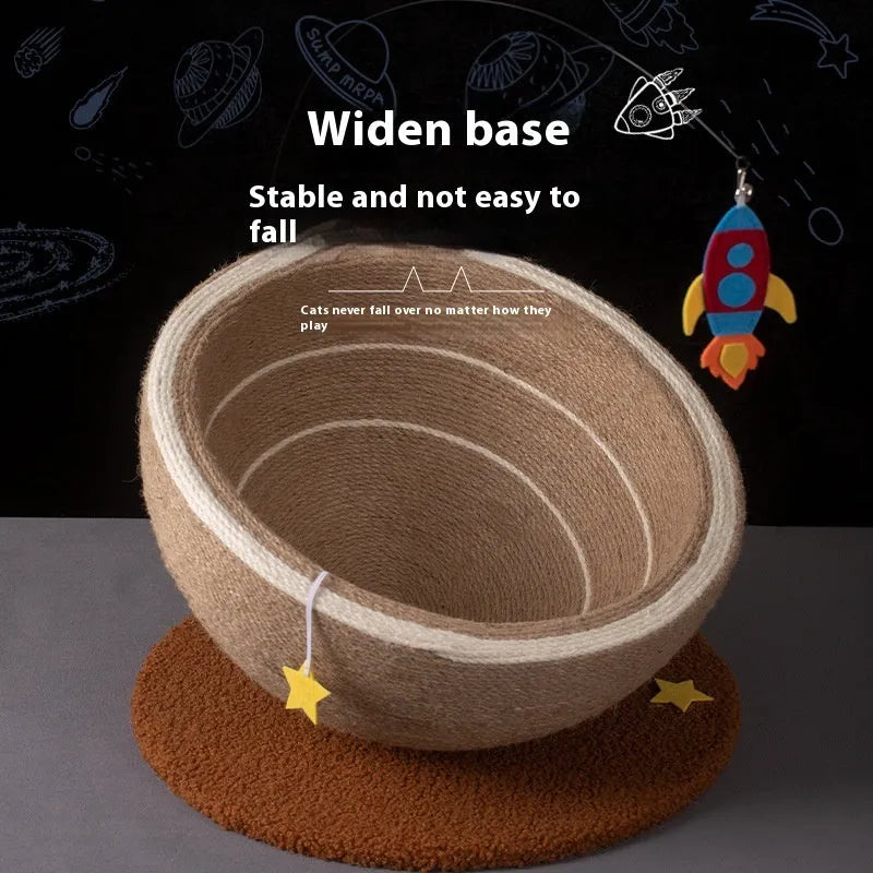 Large integrated cat scratching post and bed unit with sisal rope scratching surfaces and flannel-lined sleeping basin
