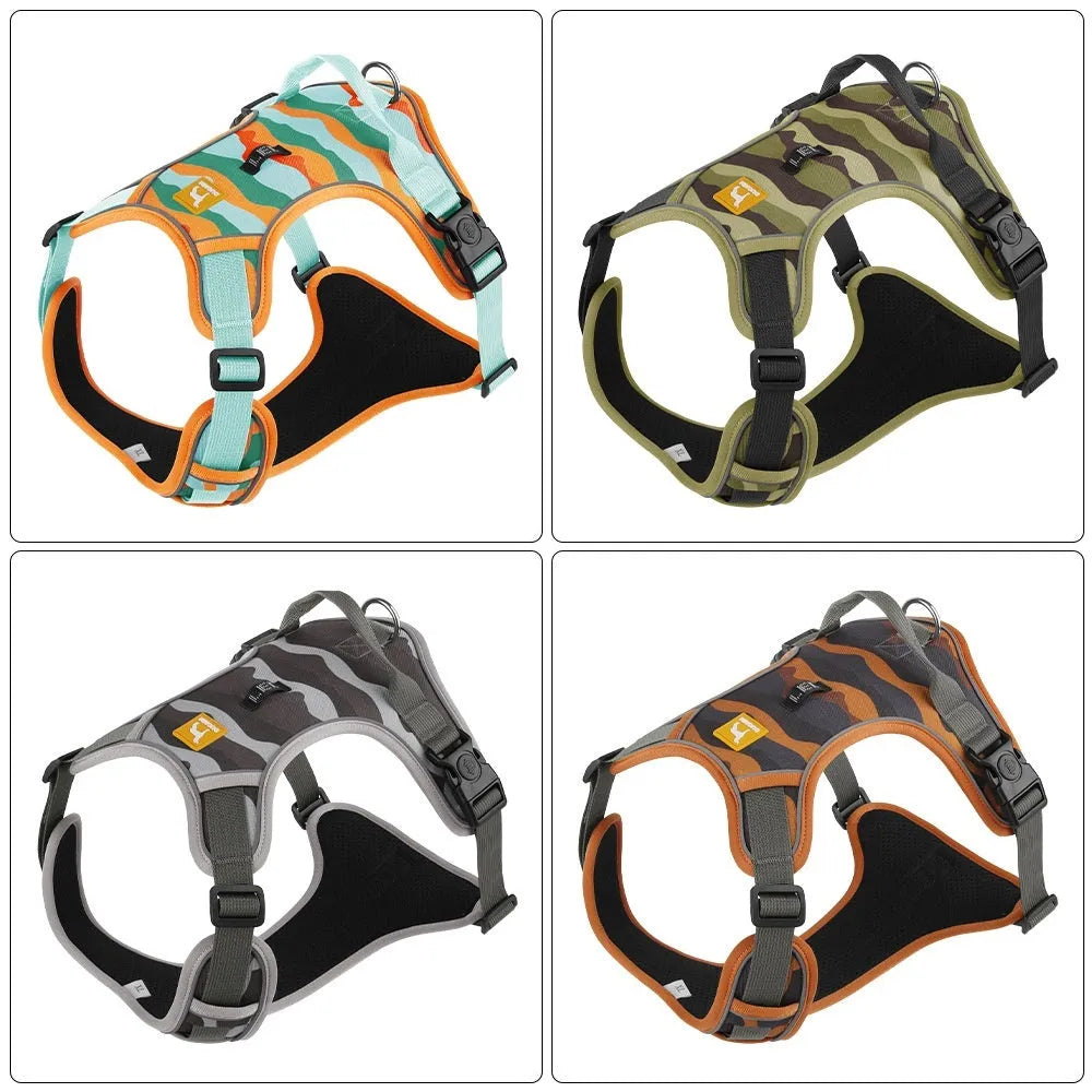 Orange Oxford cloth dog harness with reflective hand-holding rope on a dog's chest and back.