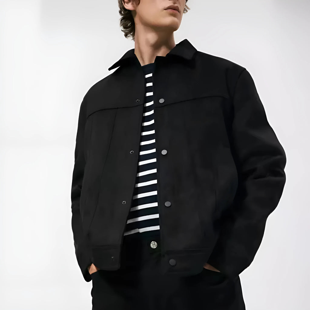 Black men's hooded jacket with a suede collar, side pockets, and a straight hem.