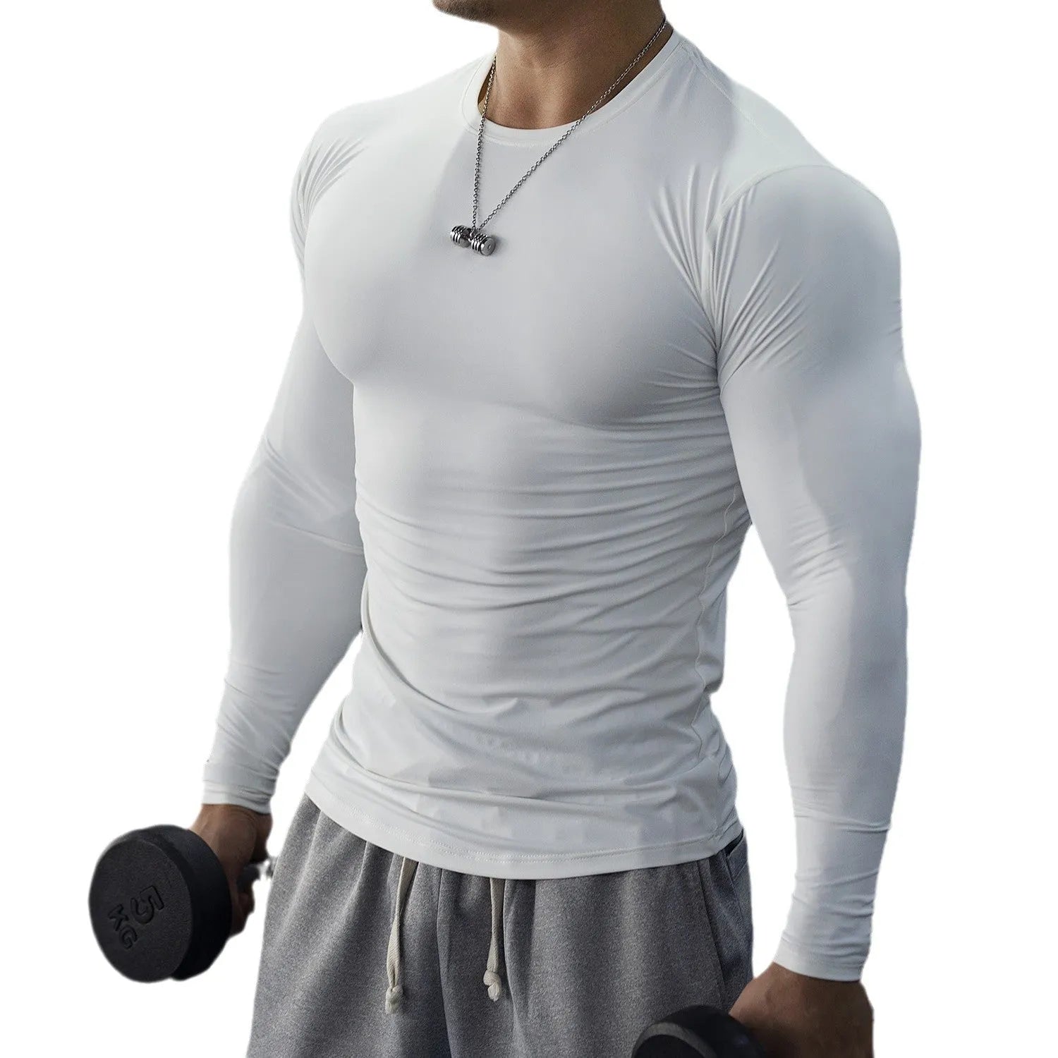 Men's long sleeve fitness tights in black or white solid colour athletic compression wear
