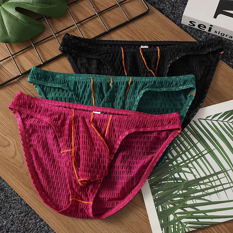 Men's low-waist ice silk lace briefs in white, black, green, red, and purple colours.