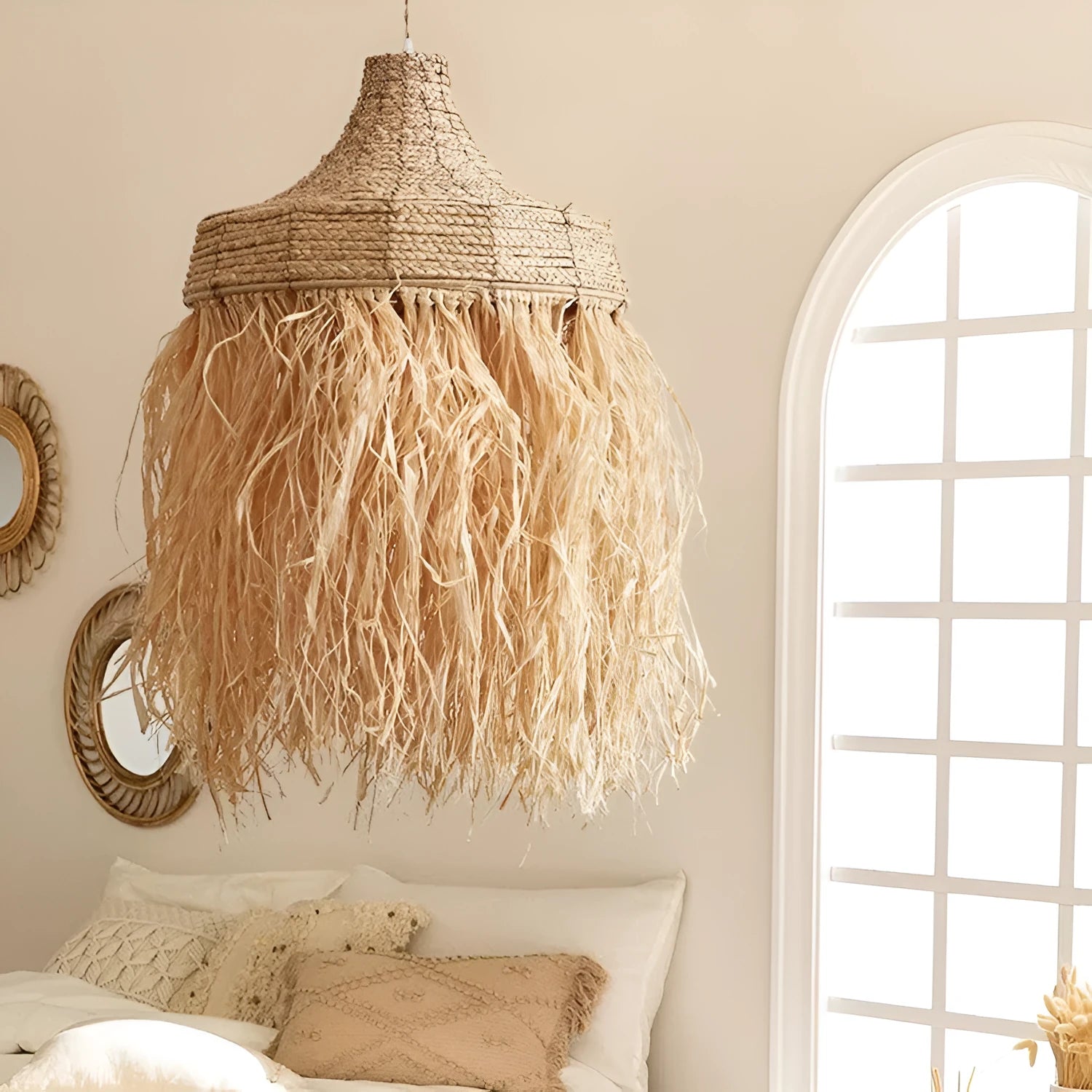 Southeast Asian style pendant light with a 50cm woven rattan and willow shade