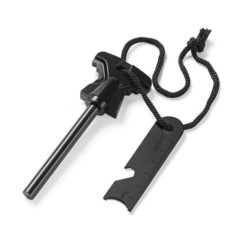 Butterfly-shaped stainless steel survival tool with firestone and bottle opener measuring 117mm