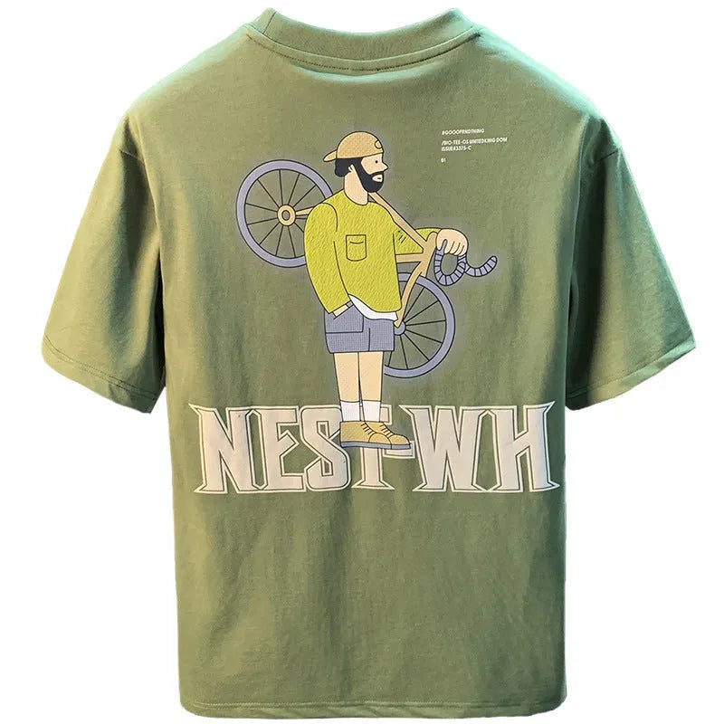 Green men's T-shirt with literary youth printed design and short sleeves