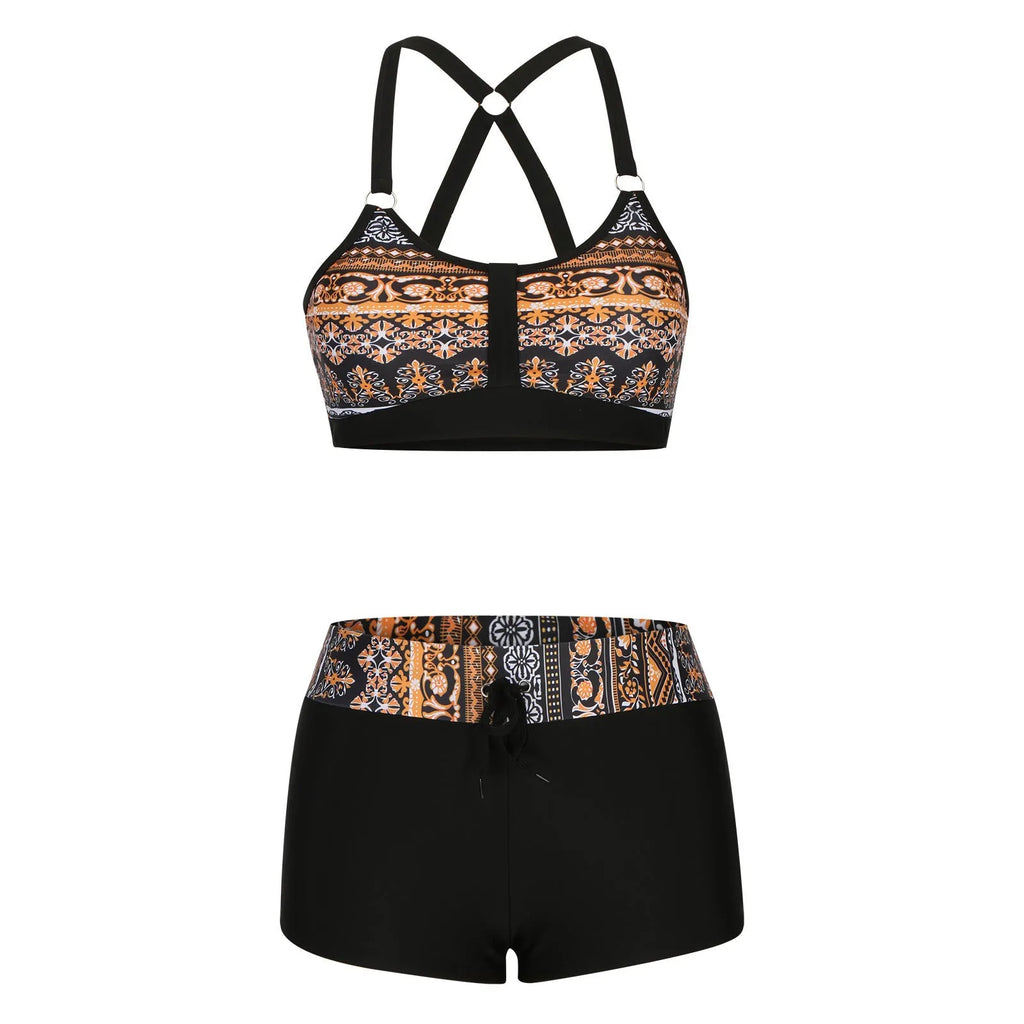 Women's floral printed bikini swimsuit with bra and shorts in polyester fabric