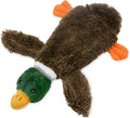 Green wild duck stuffless dog toy with squeakers and bottom opening for bottle insertion