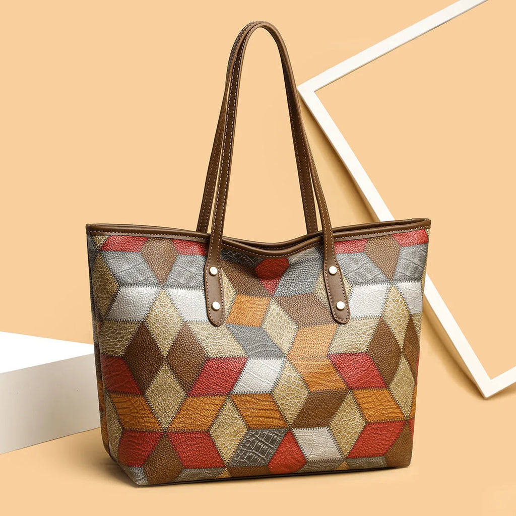 Women's blue brown PVC shoulder handbag with sandwich pocket for business and travel