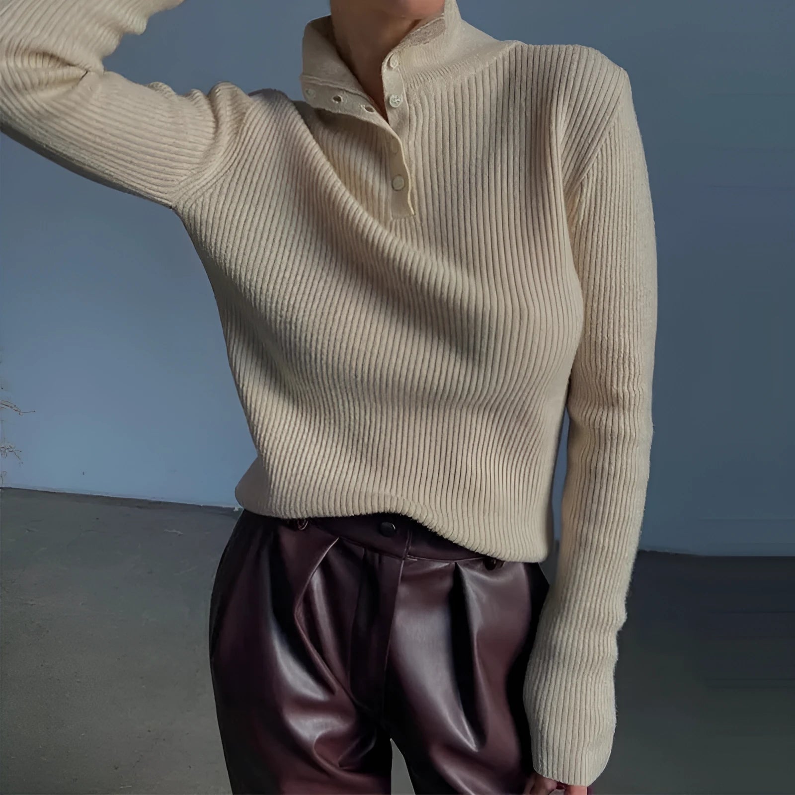 Women's slim fit retro half turtleneck pullover sweater in silver grey.
