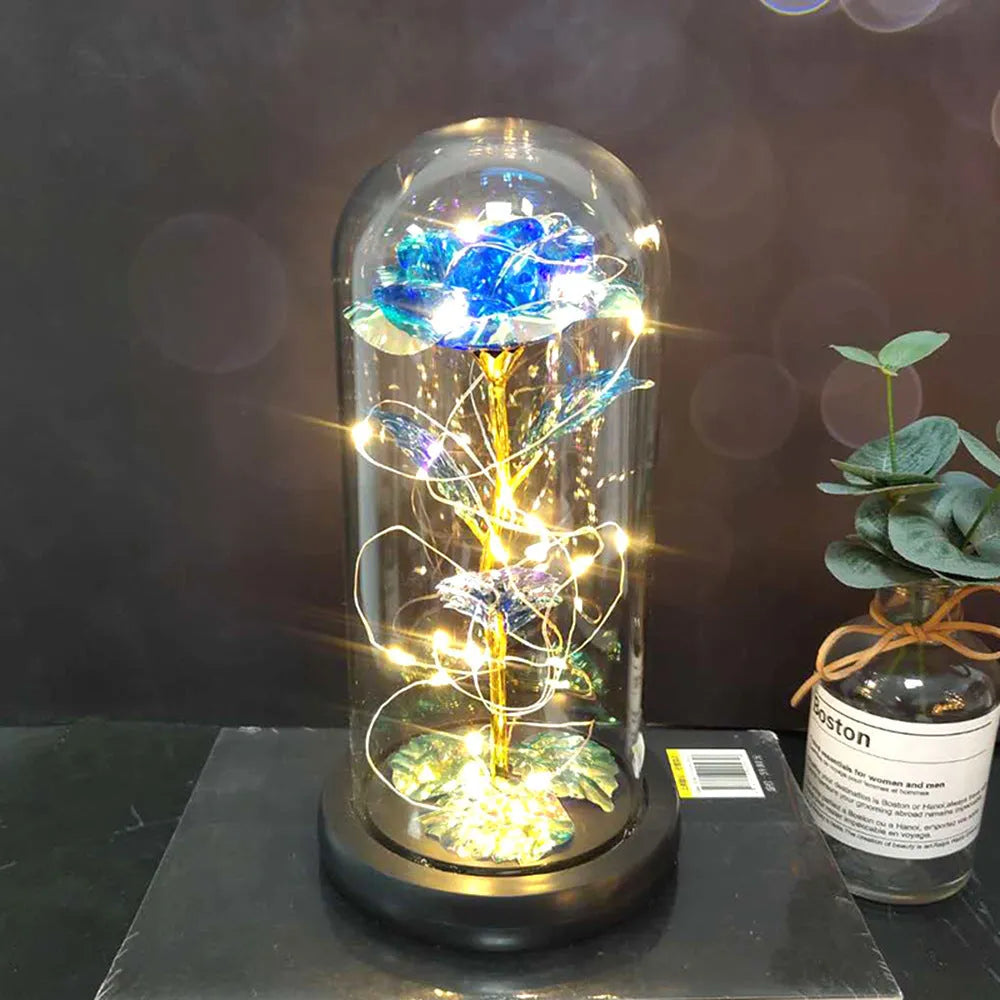LED luminous silk rose ornament in glass cover on wood base with bendable light wire