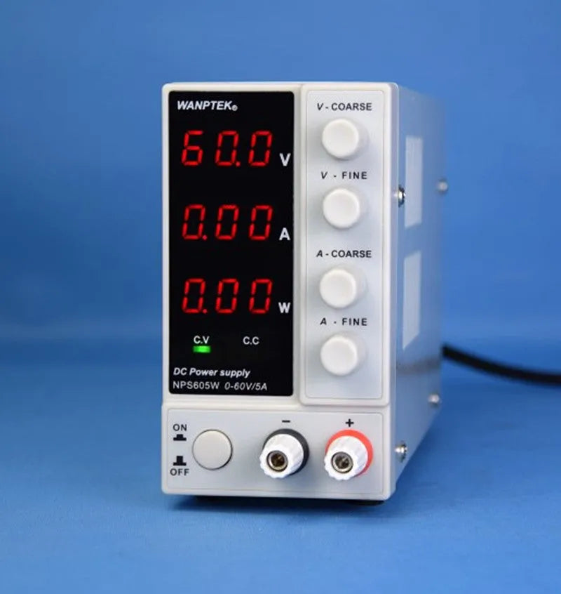 White adjustable DC laboratory power supply with digital displays for voltage and current, model S605W.