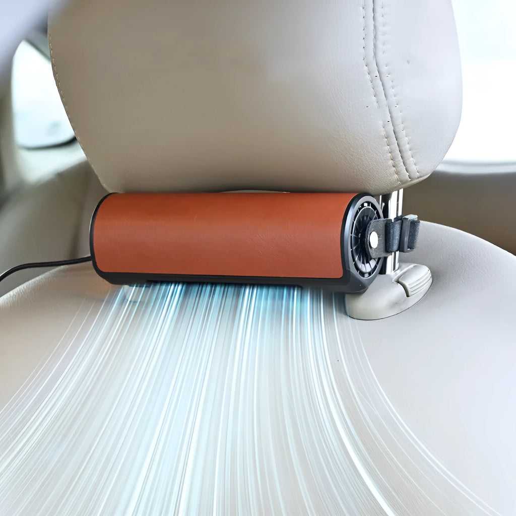 Car rear seat fan with USB cable in black, brown or red colours showing compact 57mm design