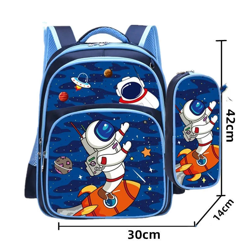 Blue cartoon anime print children's school backpack with pencil case