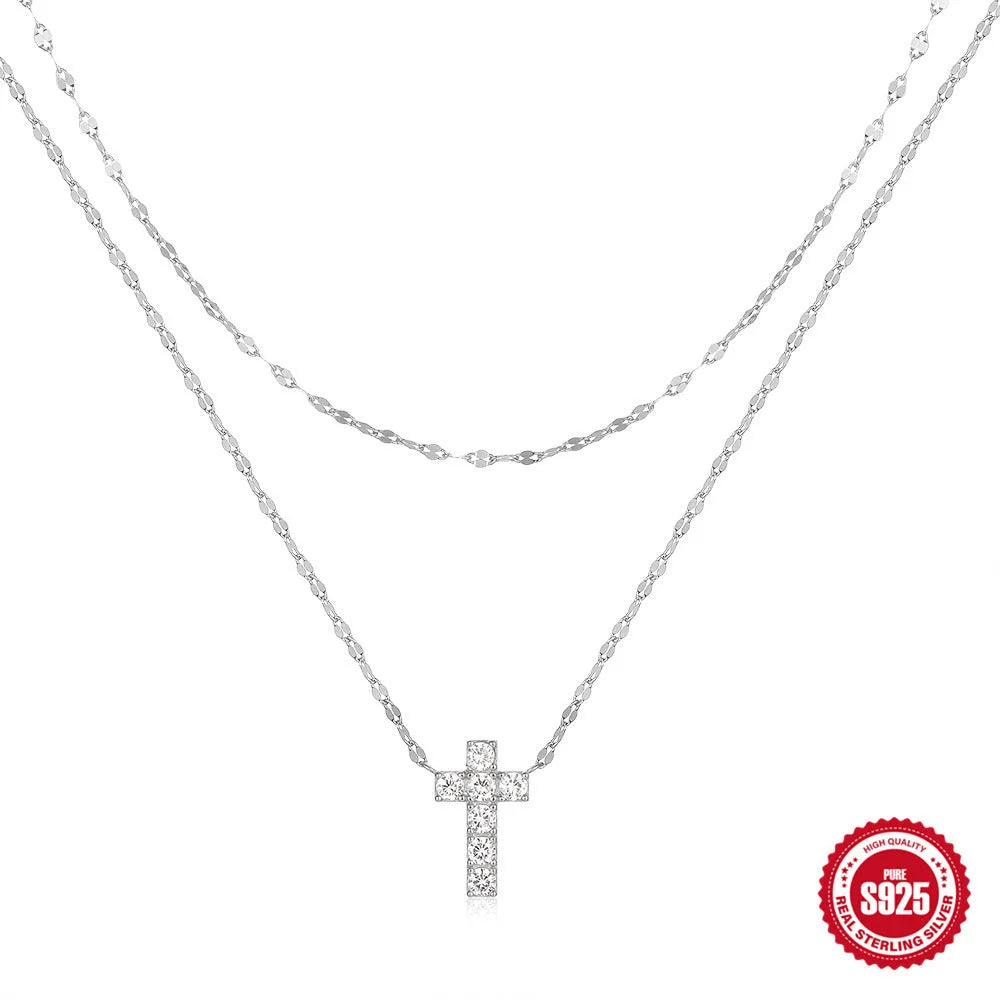 S925 sterling silver double layer geometric cross pendant with twin diamond patterns on clavicle chain
