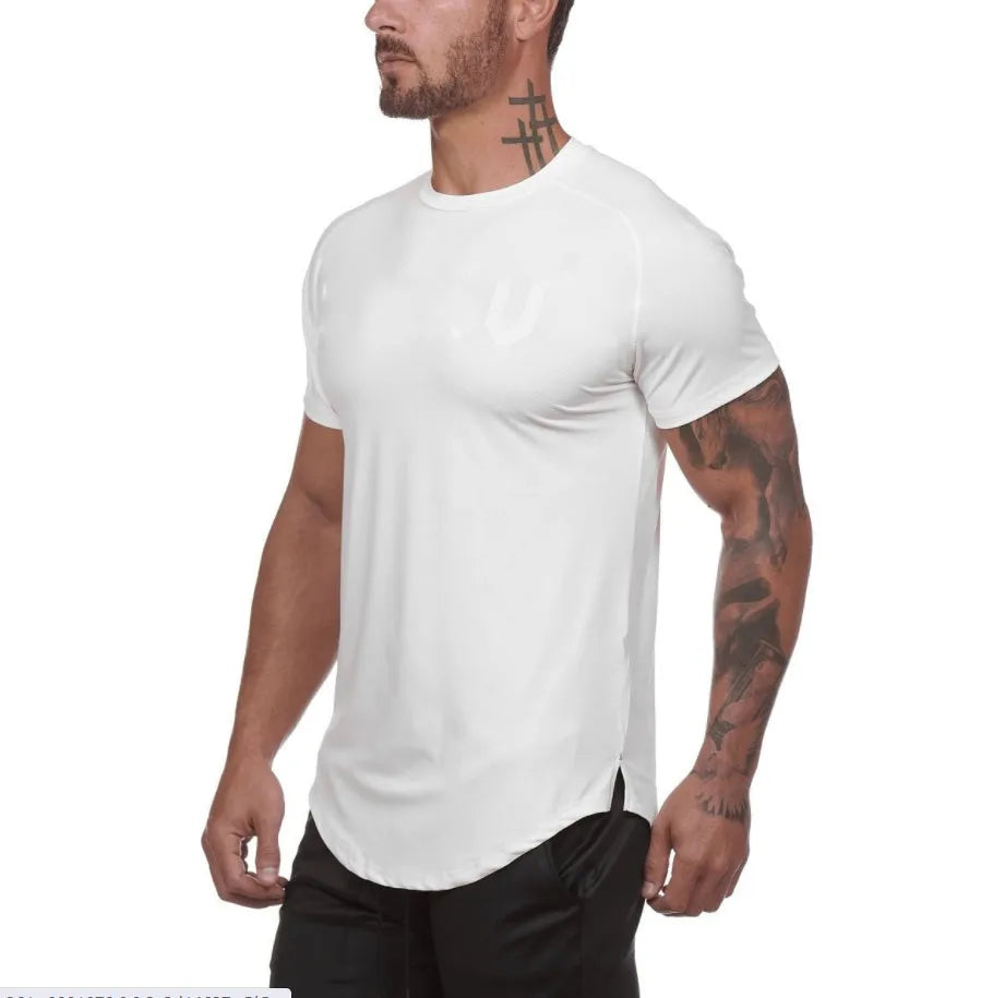 Men's plain cotton-spandex gym t-shirt shown in army green, black, and white, some with optional letter print.