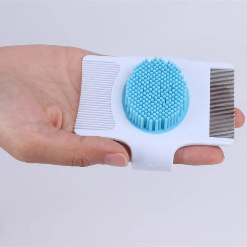 Blue and green multifunctional pet comb grooming tool with hair removal, massage, and flea removal functions