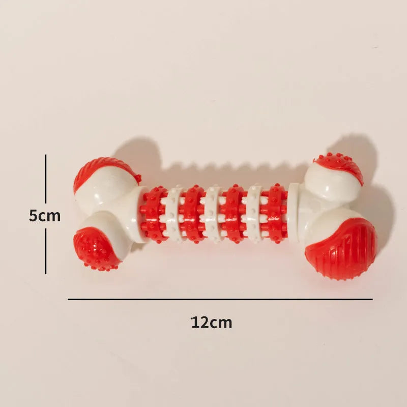 Blue orange red bone-shaped interactive dog toy for small breeds with chewable ends and treat compartment