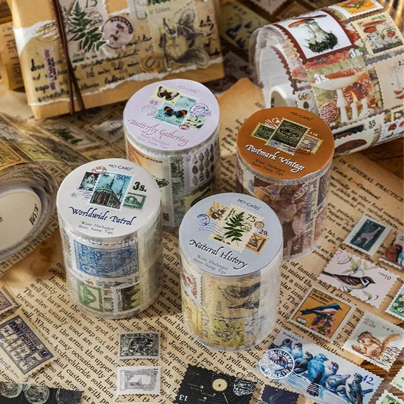 Roll of 55mm wide retro decorative stamp tape for journaling, showing one of four vintage design collections.