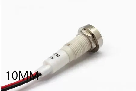 10mm stainless steel edge plastic indicator light with wire, showing blue, green, red, white, and yellow colour options.