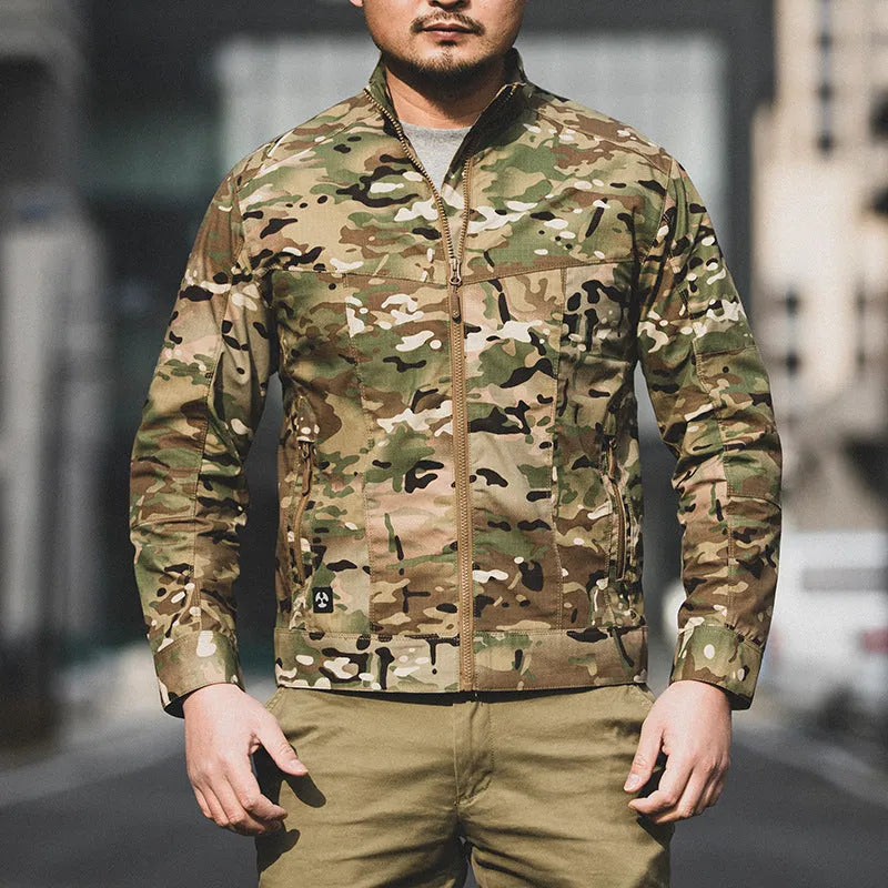 Men's brown tactical assassin jacket with camouflage pattern and multiple pockets.