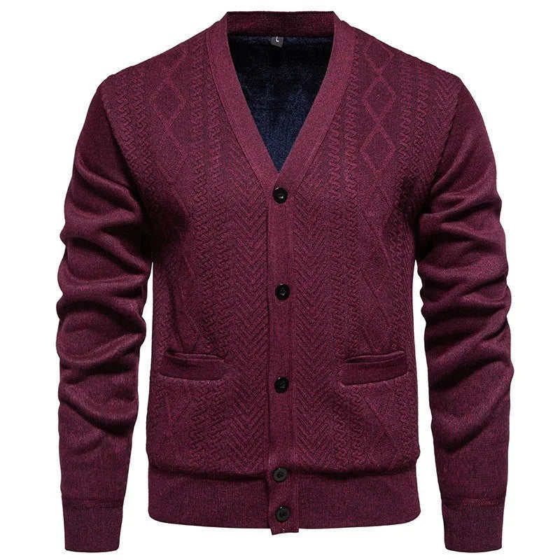Men's striped cardigan sweater with wool lining in brown colour showing long sleeves and button front