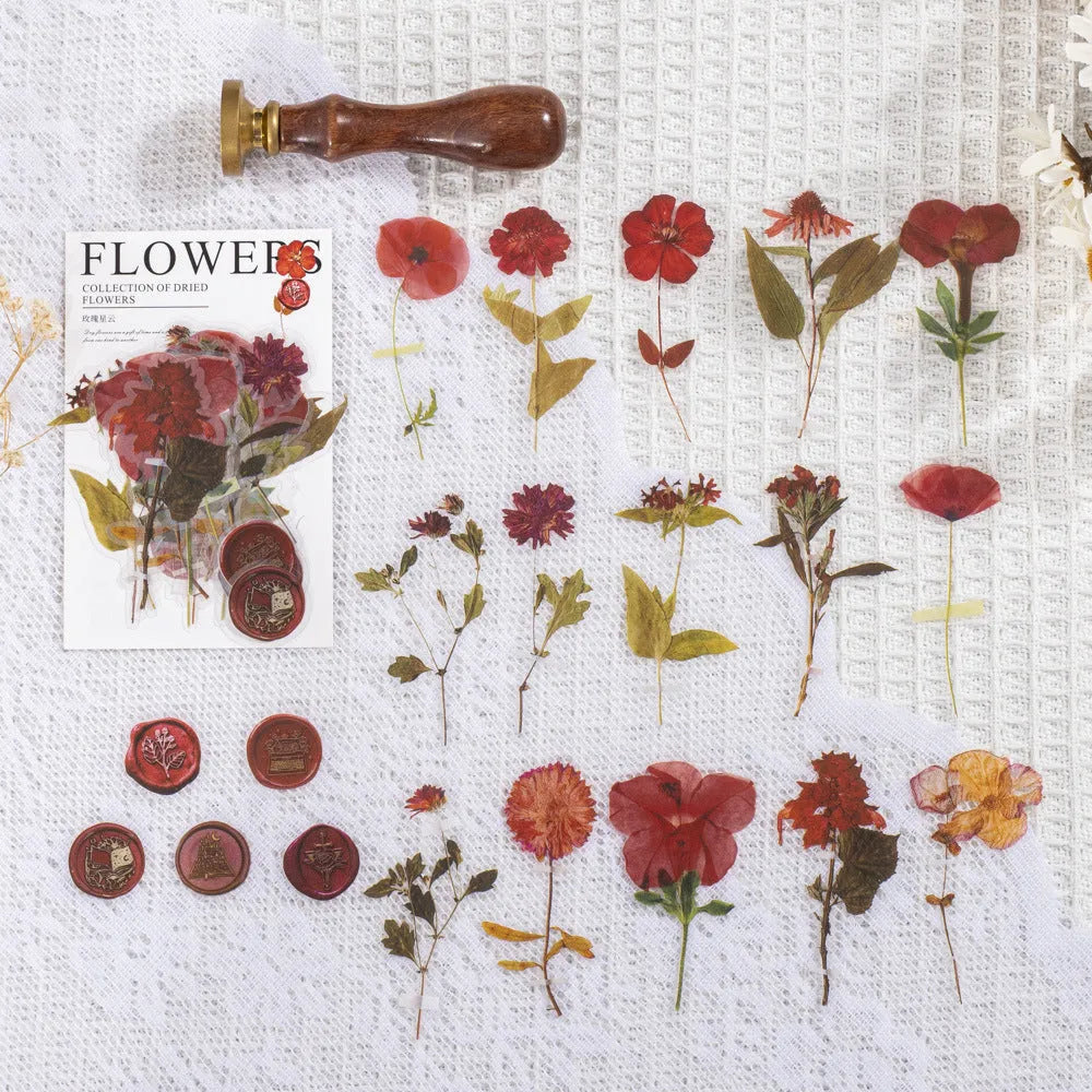 70mm square PET dried flower journal stickers showing eight colour themes including dark night purple and rose nebula