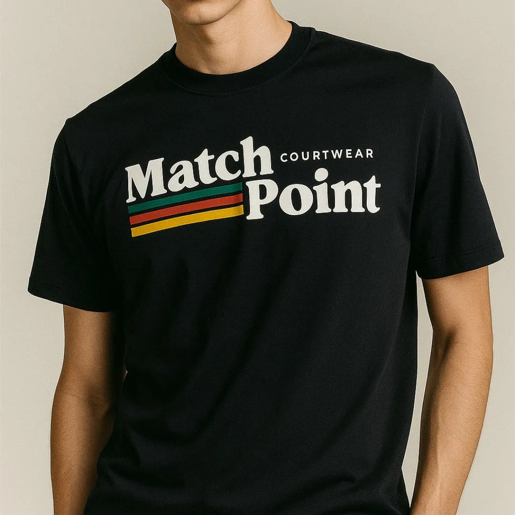 Men's black polyester t-shirt with 3D printed text pattern, round neck and short sleeves