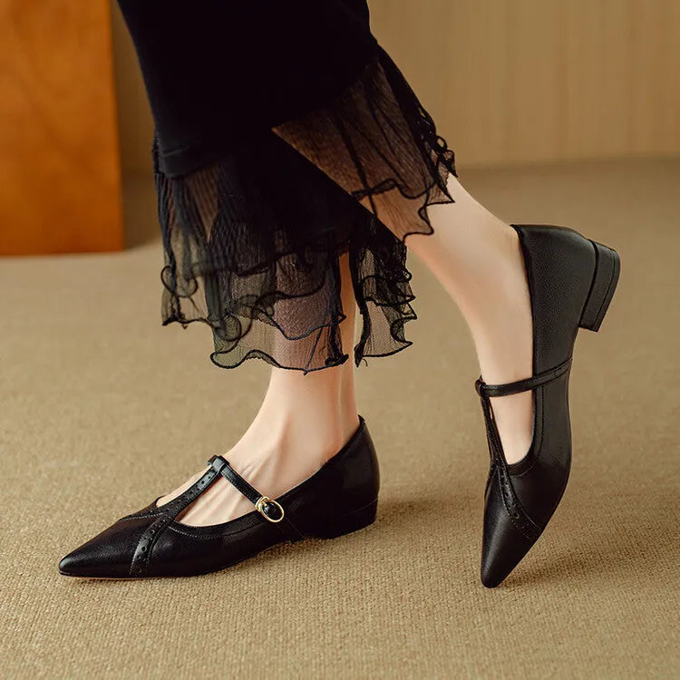 Brown women's pointed flat shoes with low-cut design and 3-5cm mid heel