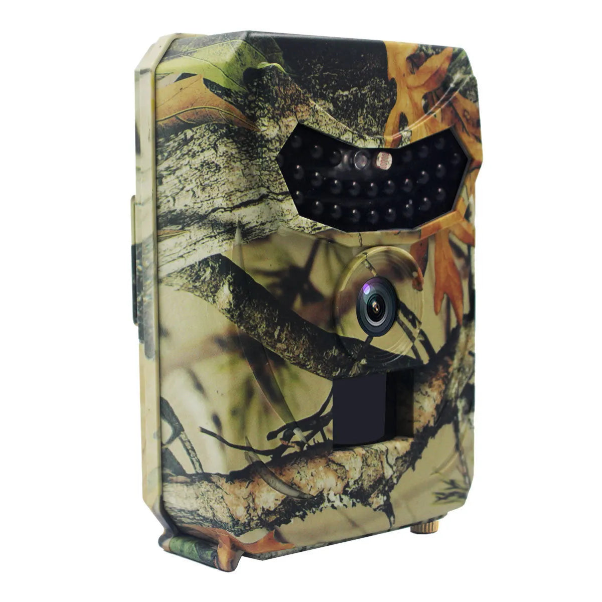 Yellow brown coloured plastic hunting game camera with infrared LEDs and lens, shown with its dimensions.