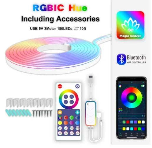 3 metre RGB LED neon light strip with remote control showing colour-changing illumination