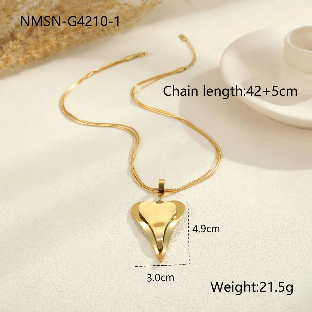 Stainless steel double heart snake bones chain necklace with geometric pendant in gold or steel electroplated finish