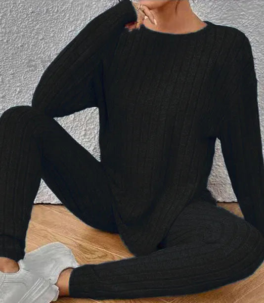 Black and blue sunken stripe two-piece homewear set with regular sleeve top and trousers