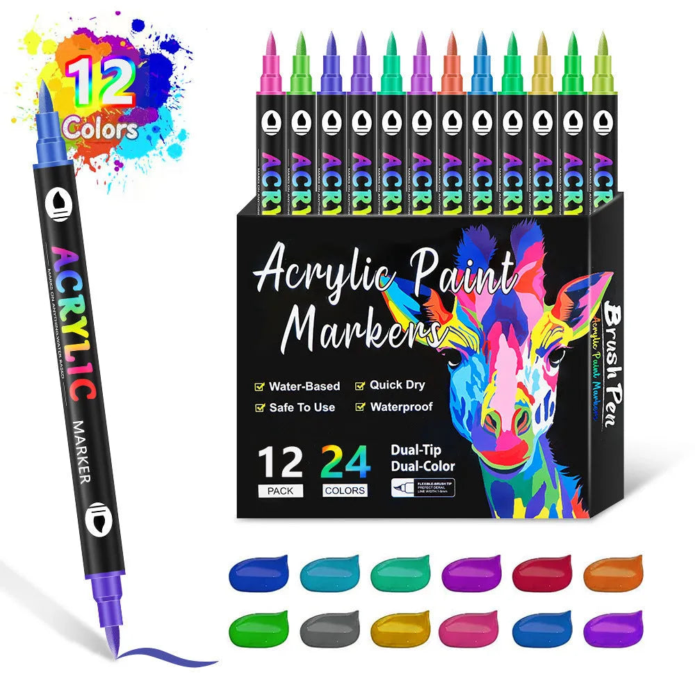 Set of double-tipped acrylic marker pens showing washable opaque colours in 12, 24 or 36 piece options
