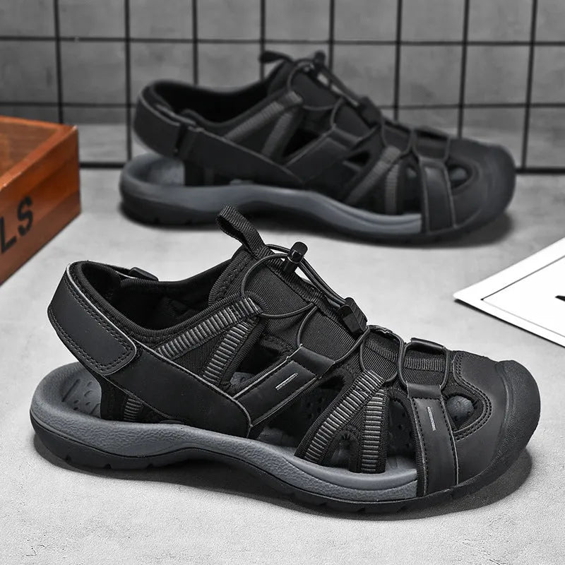 Men's blue and black mesh sports shoes with Velcro strap and rubber sole.