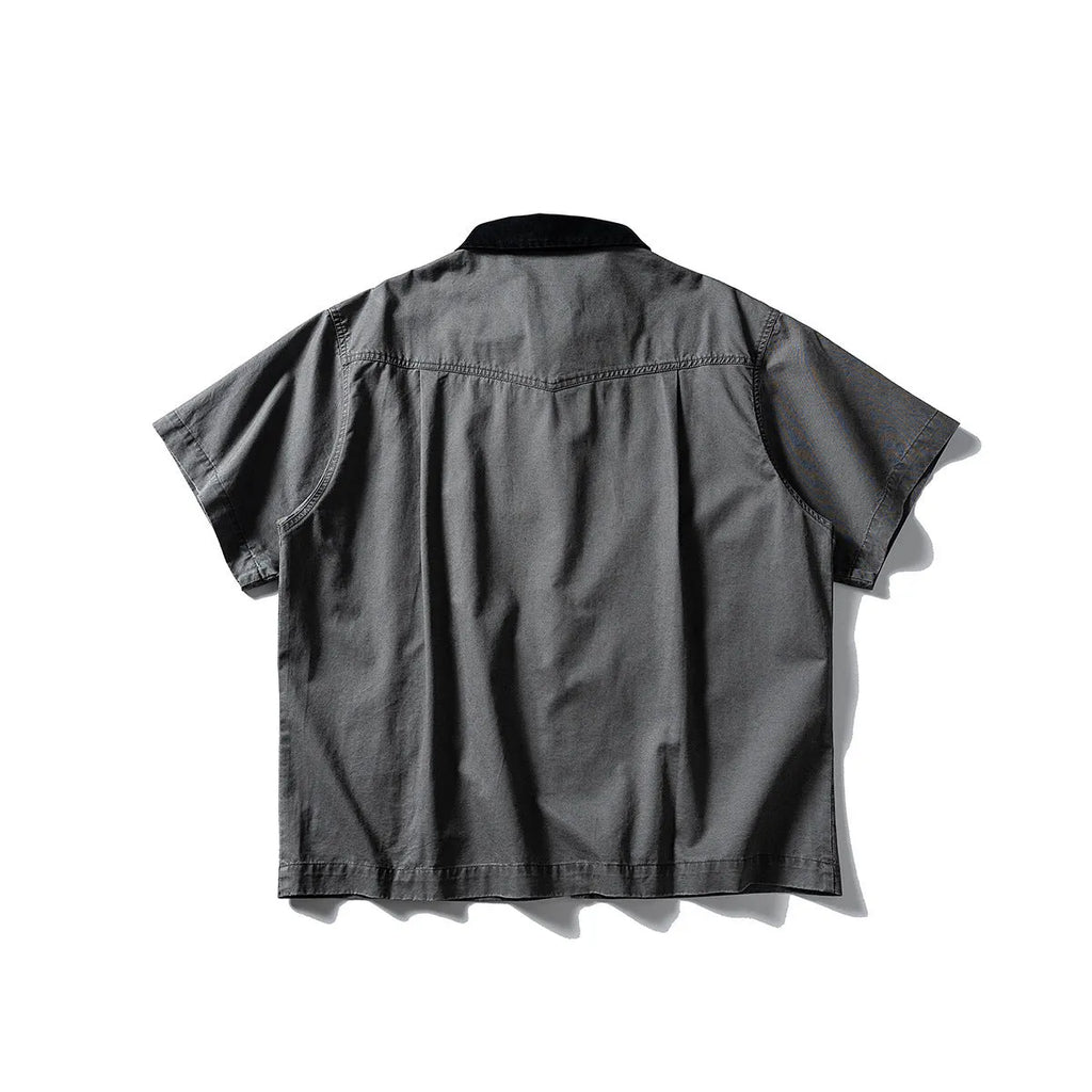 Washed khaki grey short sleeve overalls shirt loose cardigan style on hanger