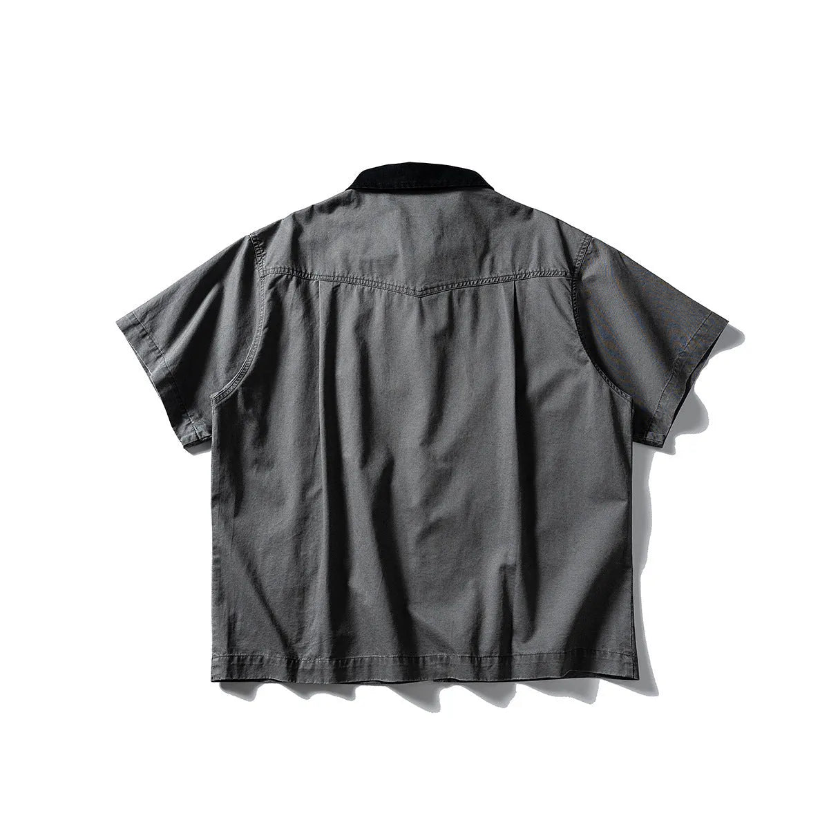 Washed khaki grey short sleeve overalls shirt loose cardigan style on hanger